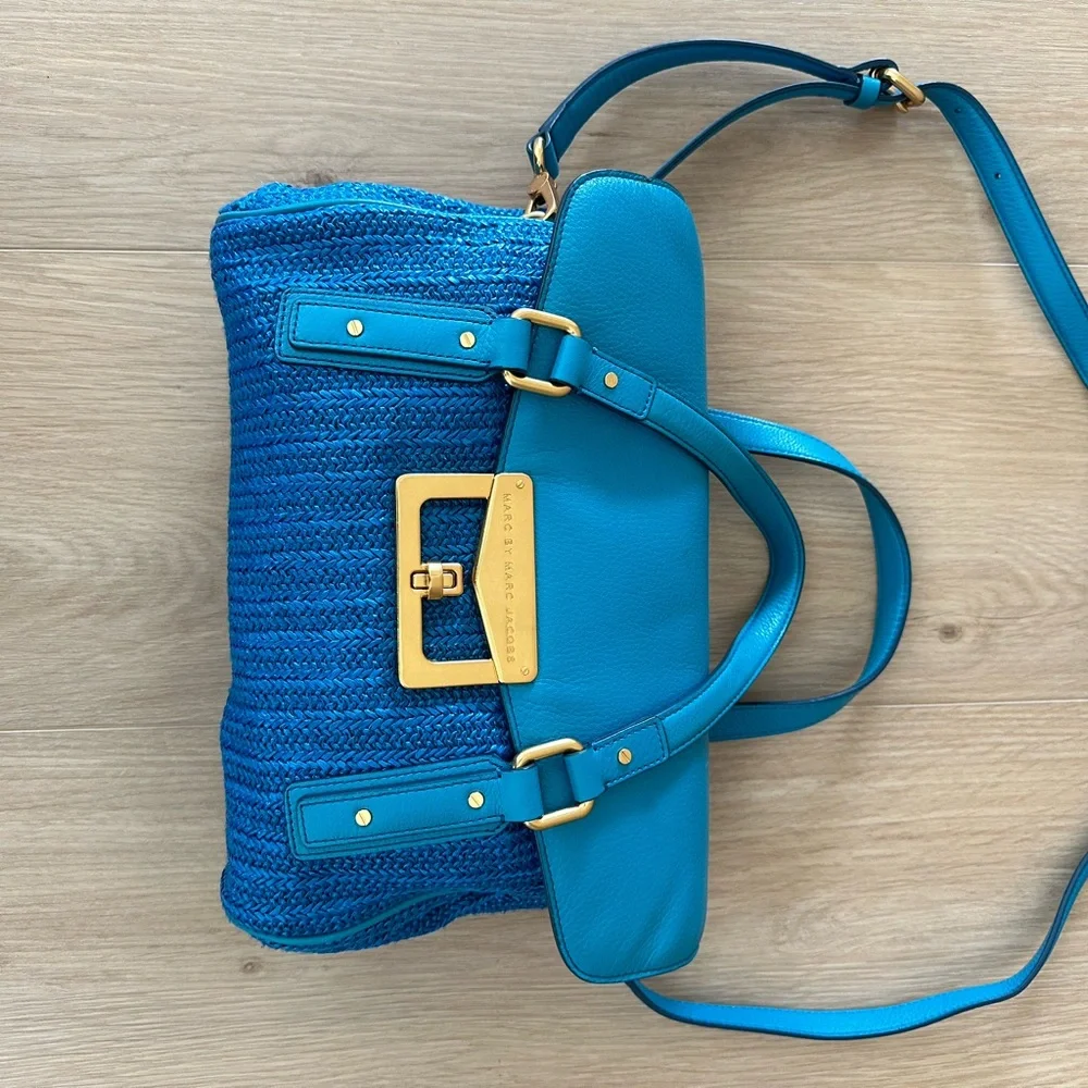 Marc‎ by Marc Jacobs Blue Leather Raffia Satchel Crossbody Bag Gold Hardware